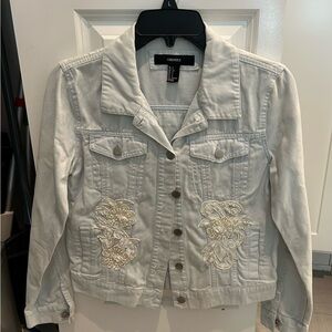 Forever 21 Women's Embellished Denim  Jacket with Floral Embroidery